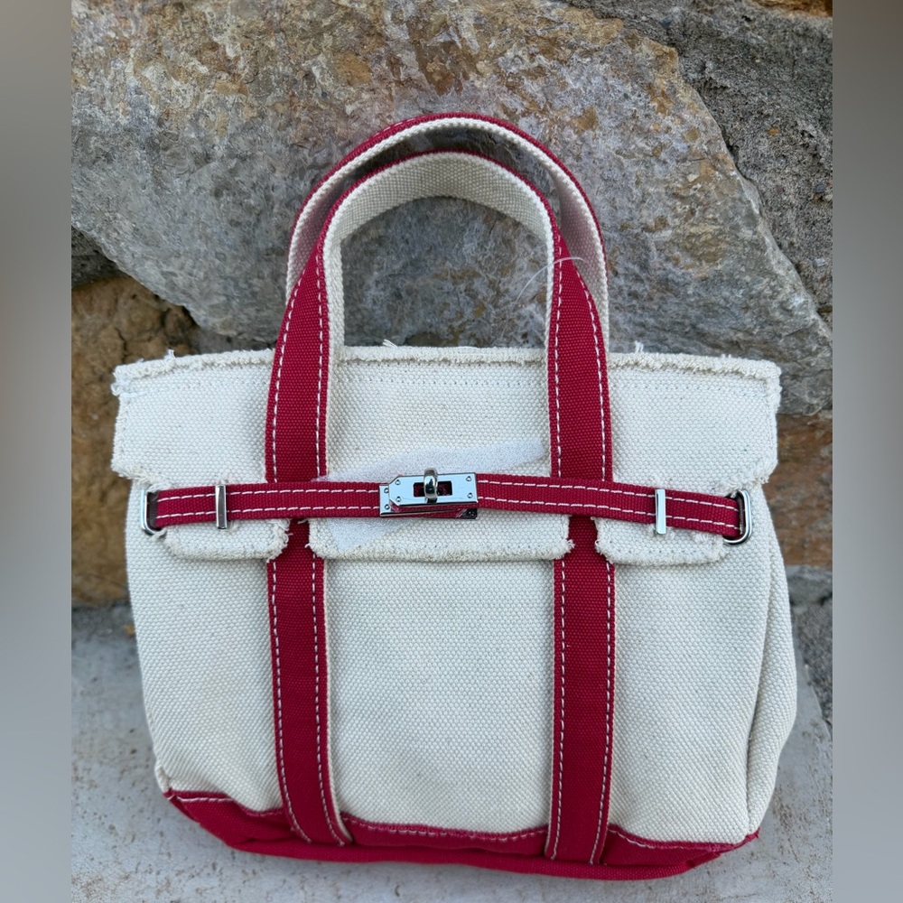 Canvas Tote Handbag in Cream with Red Trim